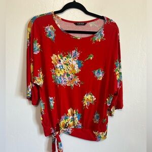 Lauren RL Black Label Womens 1/2 Sleeve Floral Print tie Front Tunic Top sz L